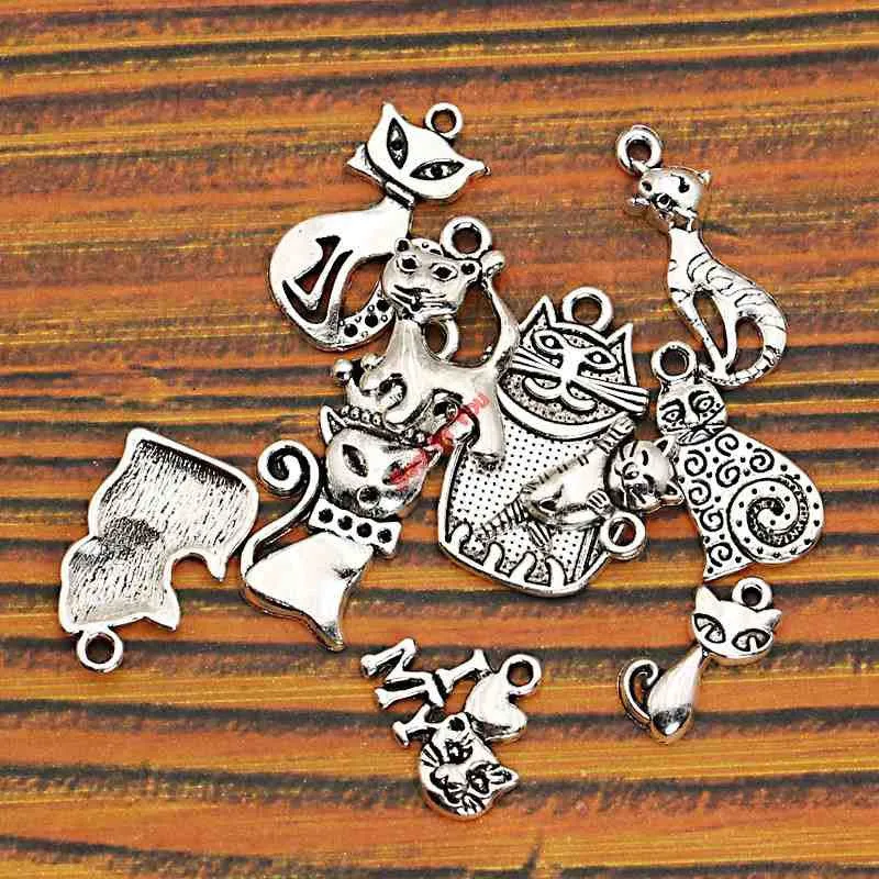 10pcs Mixed Tibetan Silver Plated Cat Soccer Tree of Life Charms Pendants