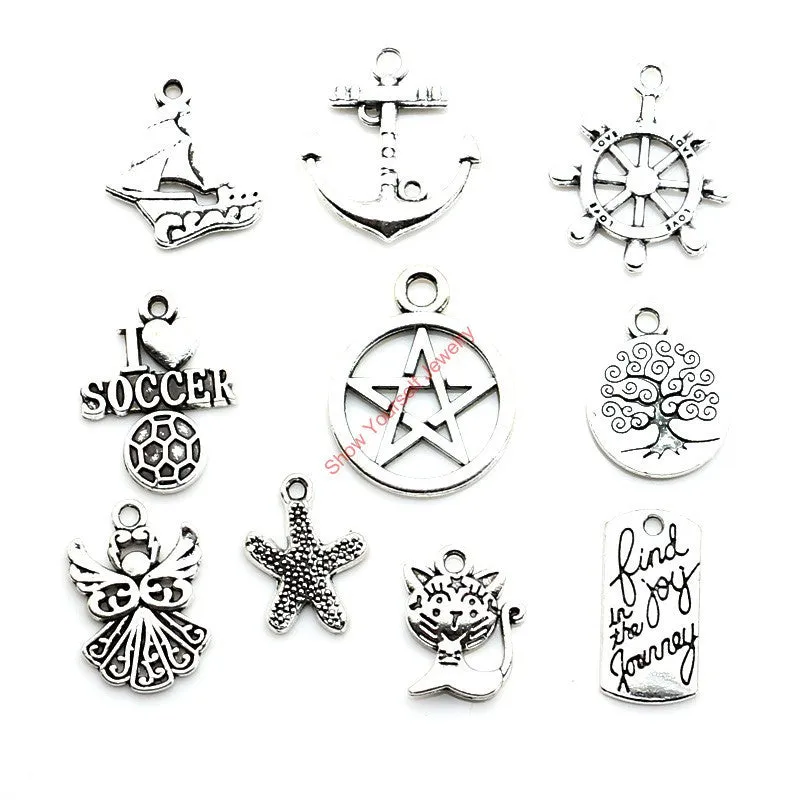 10pcs Mixed Tibetan Silver Plated Cat Soccer Tree of Life Charms Pendants