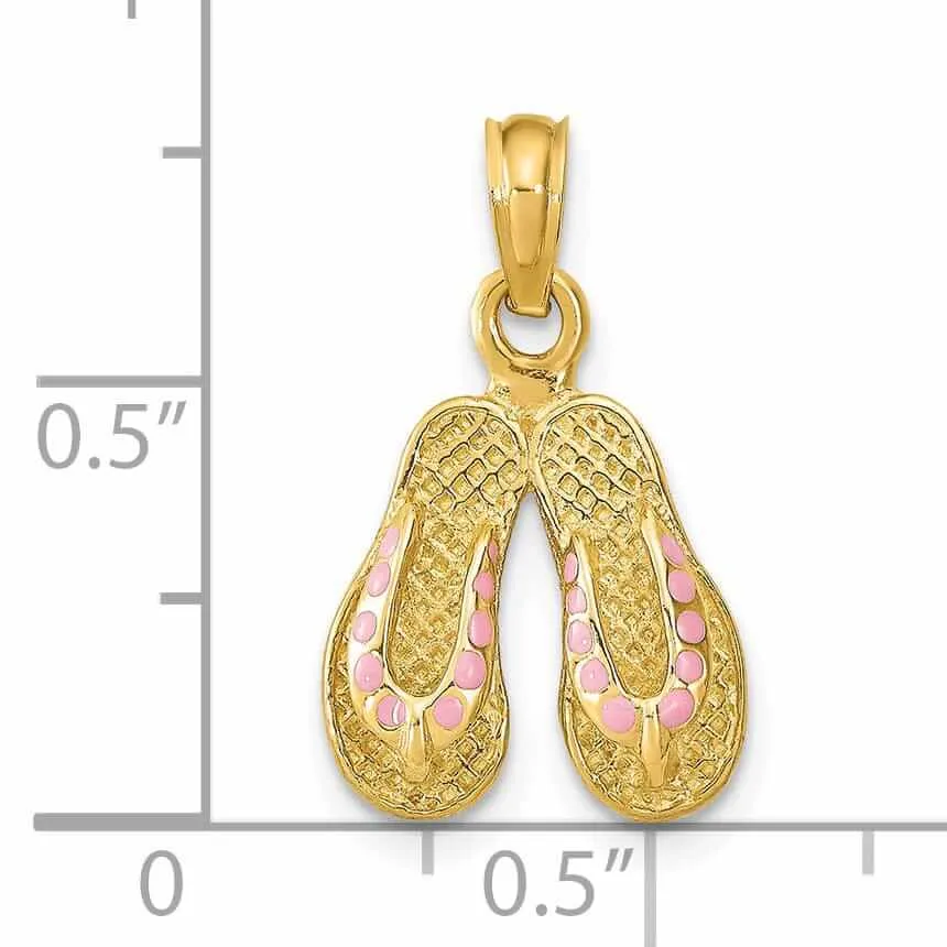 14k  Yellow Gold 3-Dimensional Textured Polished Pink Color Enamel Finish Double Flip-Flop Sandal Charm Pendant