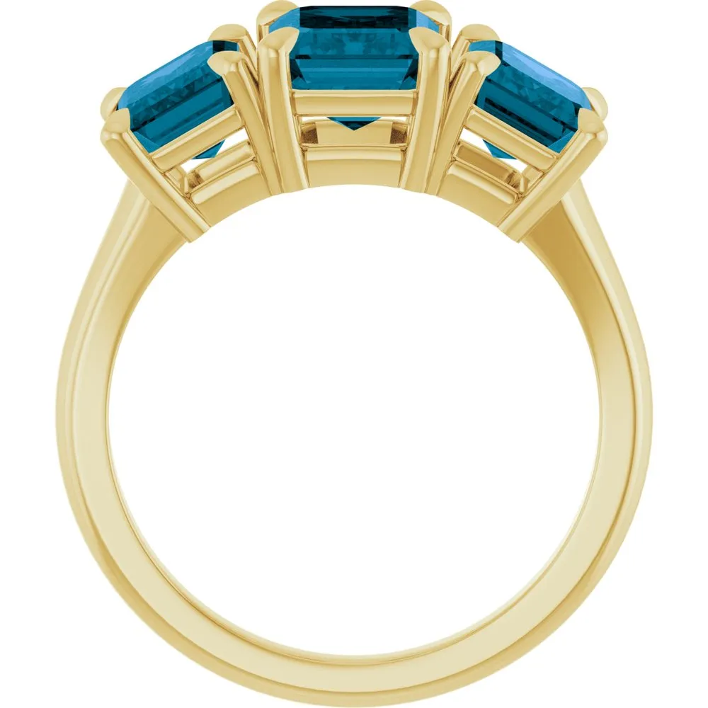 14K Yellow Gold 8x6 mm Emerald & London Blue Topaz Three-Stone Ring - Perfect Holiday Gift