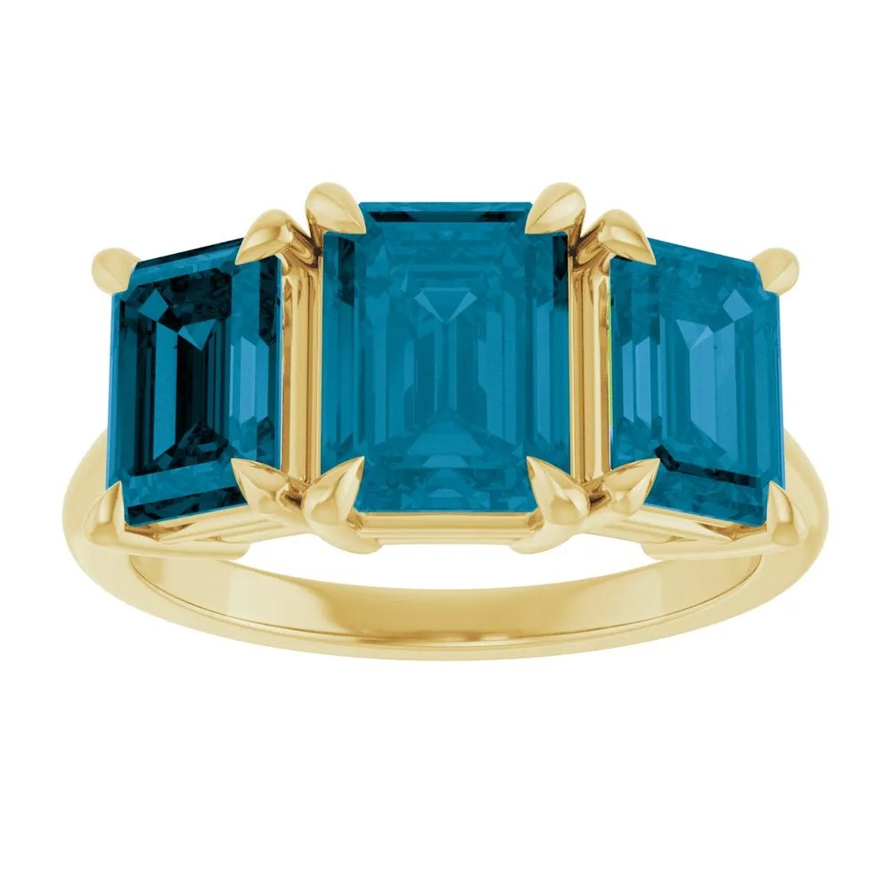 14K Yellow Gold 8x6 mm Emerald & London Blue Topaz Three-Stone Ring - Perfect Holiday Gift