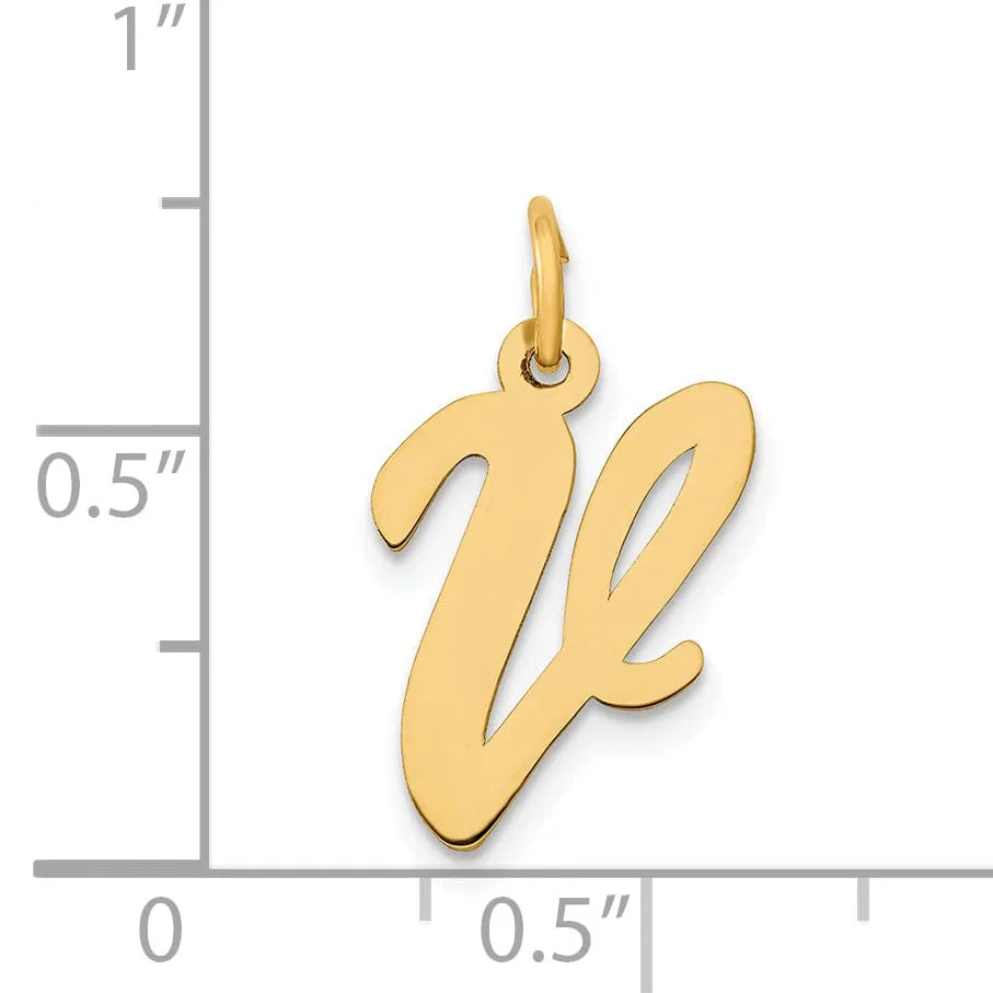 14K Yellow Gold Medium Size Fancy Script Design Letter V Initial Pendant