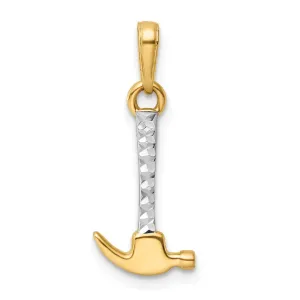 14k Yellow Gold, White Rhodium Solid Diamond Cut Polished Finish 3-Dimensional Carpenter Hammer Charm Pendant