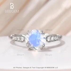 18K White Gold Unique 7mm Round Moonstone and Diamond Engagement Cathedral Hidden Halo Ring Floral