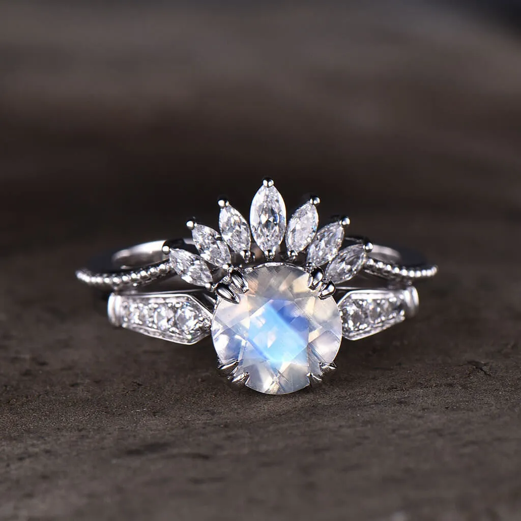 18K White Gold Unique 7mm Round Moonstone and Diamond Engagement Cathedral Hidden Halo Ring Floral