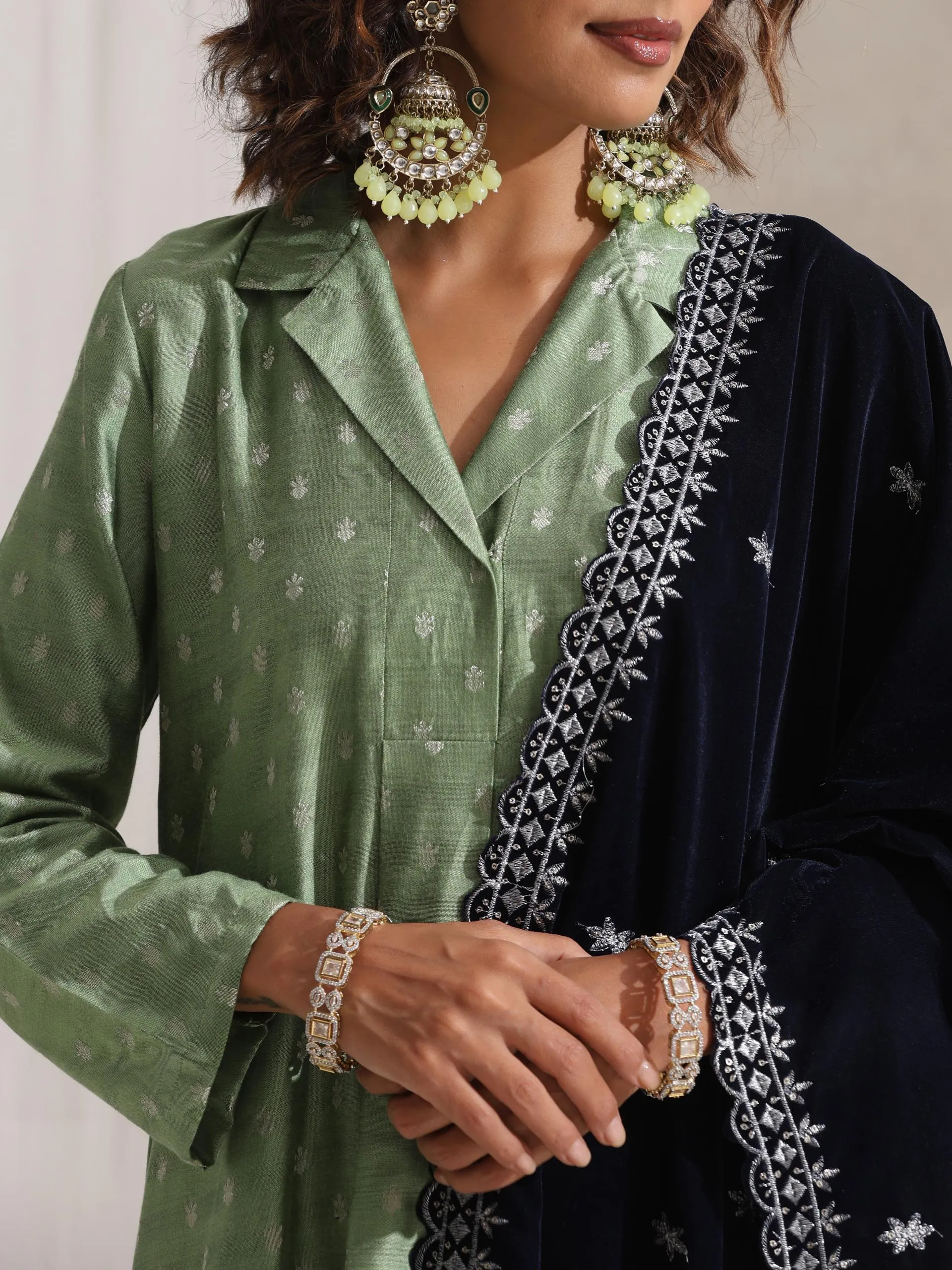 2 Pc SET - Green Varanasi Silk Woven Collar Kurta and Pant