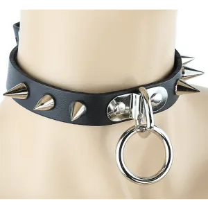 3/4" Black Leather Choker with Small Cone Spikes and 1" Loop and Ring