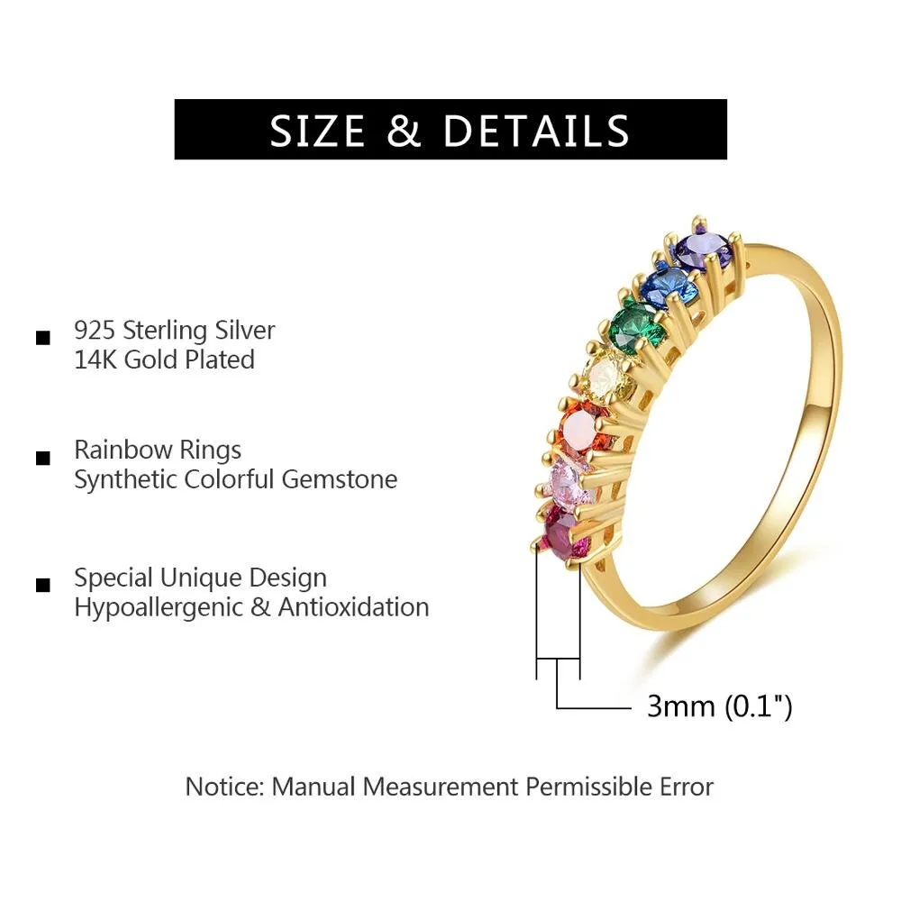 925 Sterling Silver Rainbow Rings with 14K Gold Plated Ring