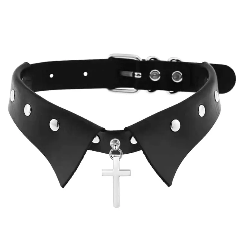 Aesthetic Choker with Stainless Steel Cross Pendant / Gothic Adjustable Collar For Women