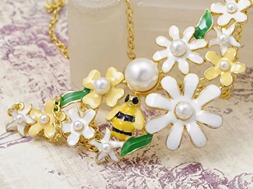 Alilang Bumble Bee Carnation Floral Spring Flower Faux Pearl Beaded Collars Fancy Necklace