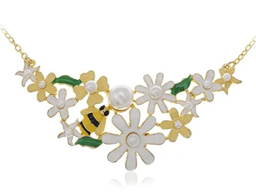 Alilang Bumble Bee Carnation Floral Spring Flower Faux Pearl Beaded Collars Fancy Necklace