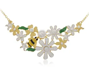 Alilang Bumble Bee Carnation Floral Spring Flower Faux Pearl Beaded Collars Fancy Necklace