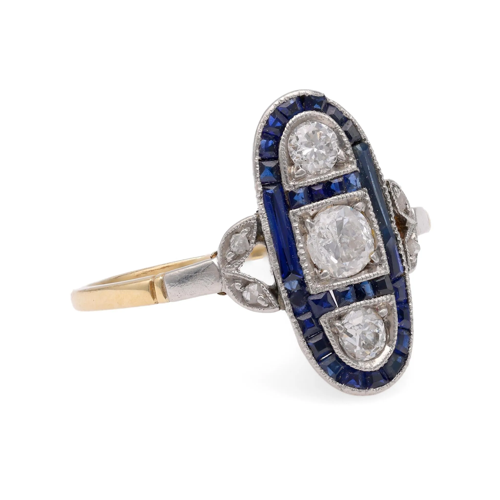 Art Deco Diamond Sapphire Yellow Gold & Platinum Ring