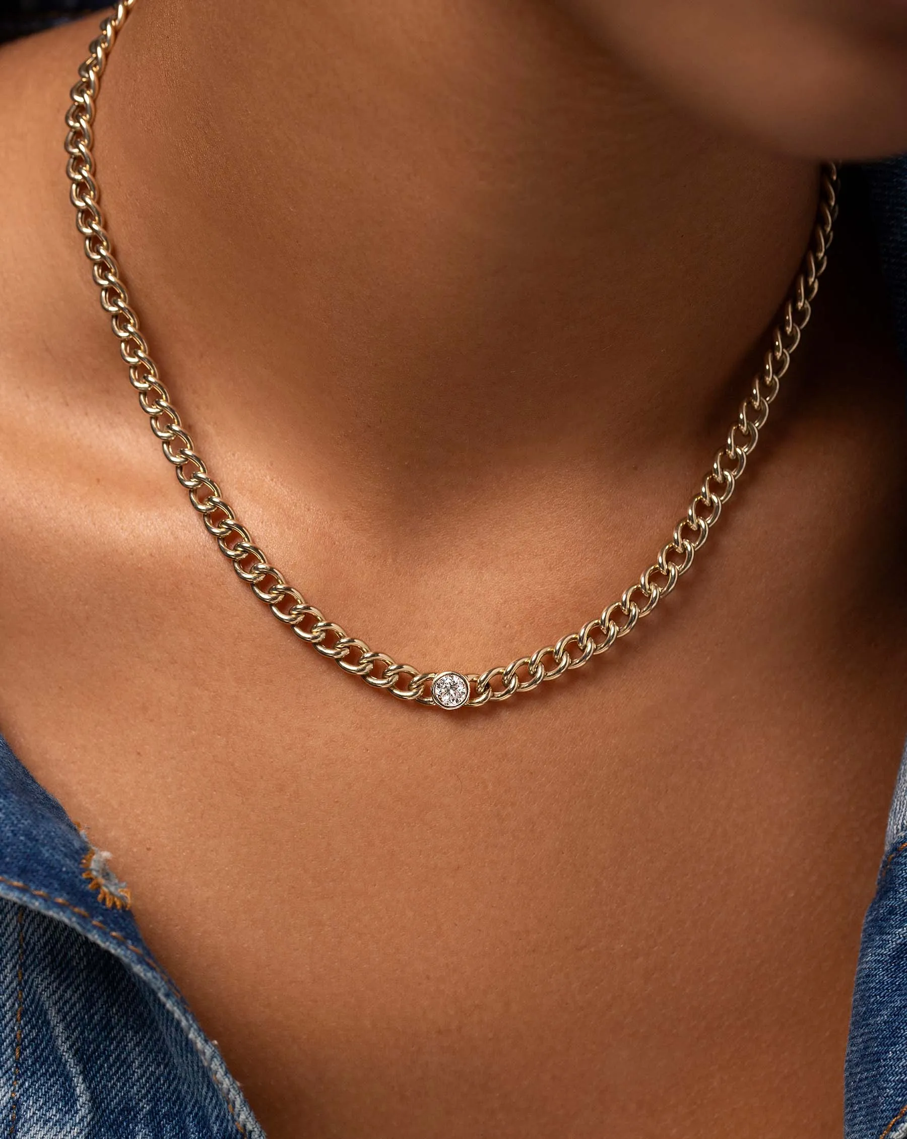 Bezel-Set Diamond Curb Chain Necklace