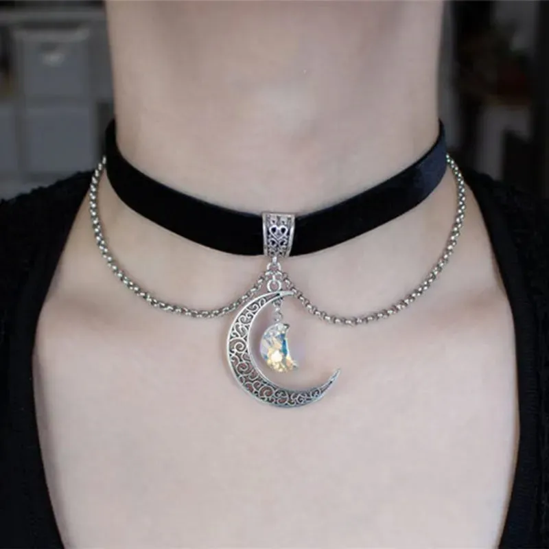 Black Goth Alt Moon Crystal Pendant