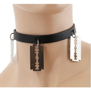 Black Leather Choker with 3 Large Razor Blades