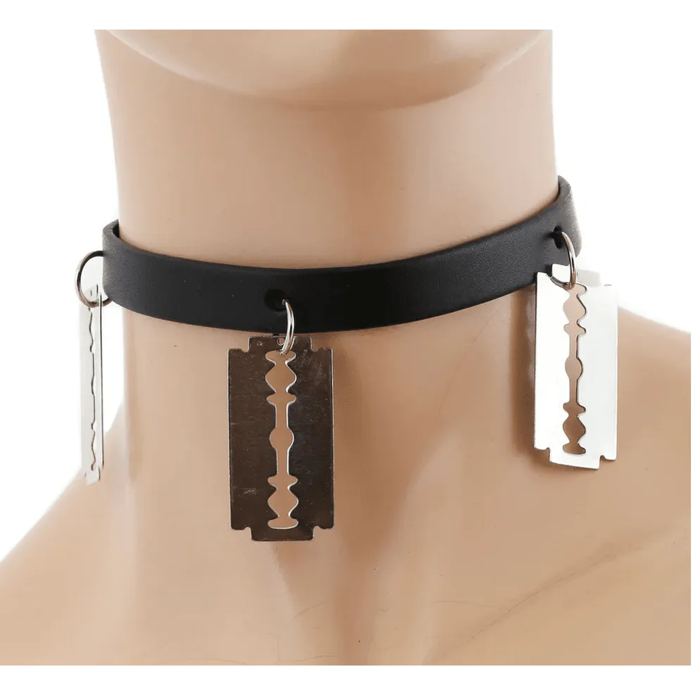 Black Leather Choker with 3 Large Razor Blades