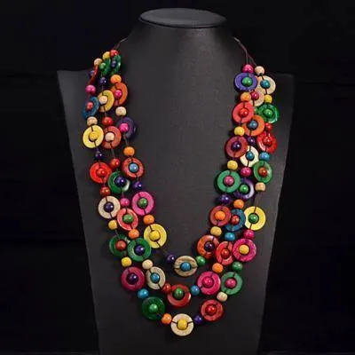 Bohemia Ethnic Statement Multi Layer Beads Necklace - Handmade Wood Jewelry