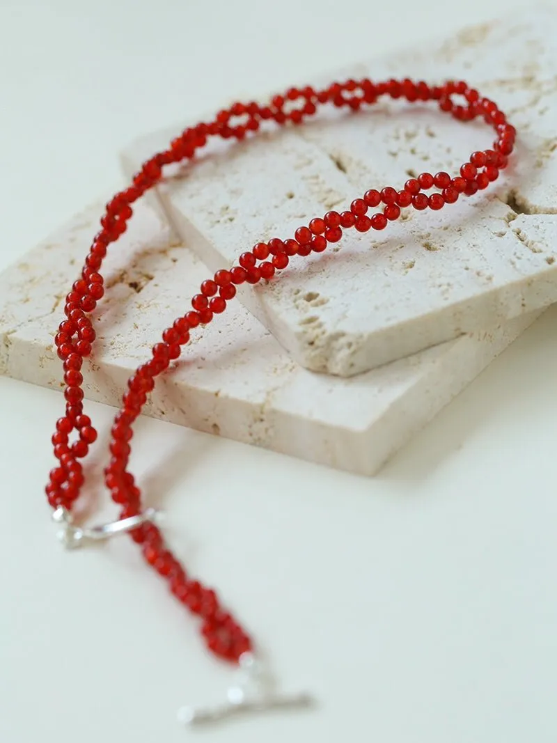 Braided Double Red Black Agate Beaded Choker