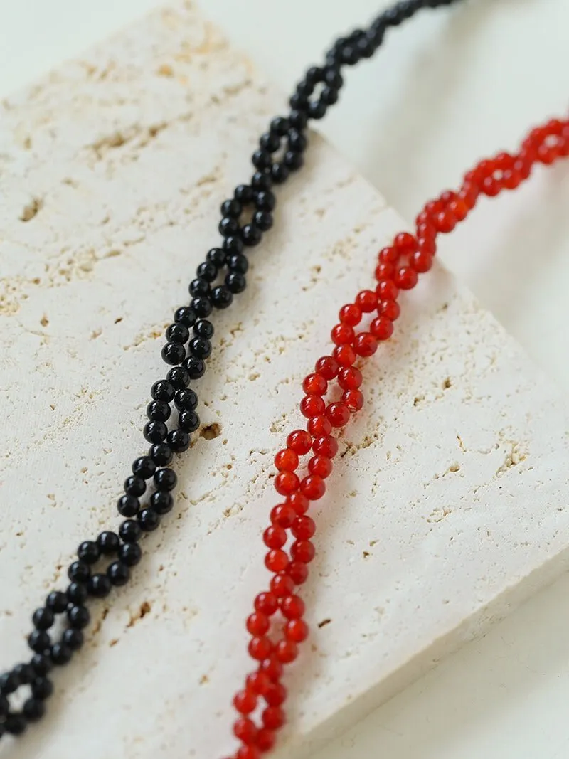 Braided Double Red Black Agate Beaded Choker