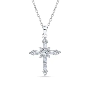 Bridal Necklace Vintage Marquise Cubic Zirconia Cross Pendant Sterling Silver