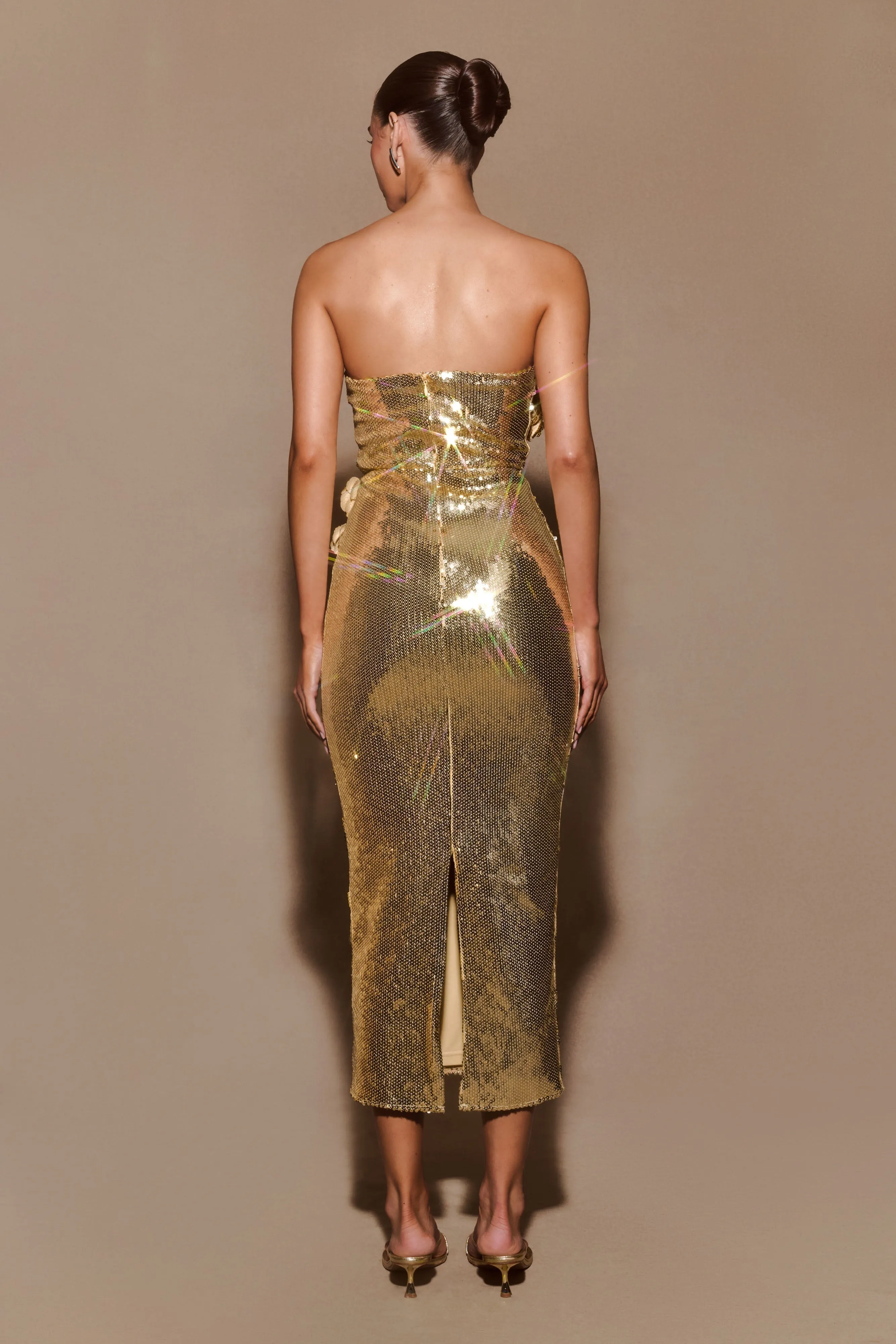 Cassia Strapless Sequin Rose Midi Dress - Gold