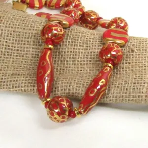 Chunky Red and Gold Fair Trade Bead  Necklace Kazuri