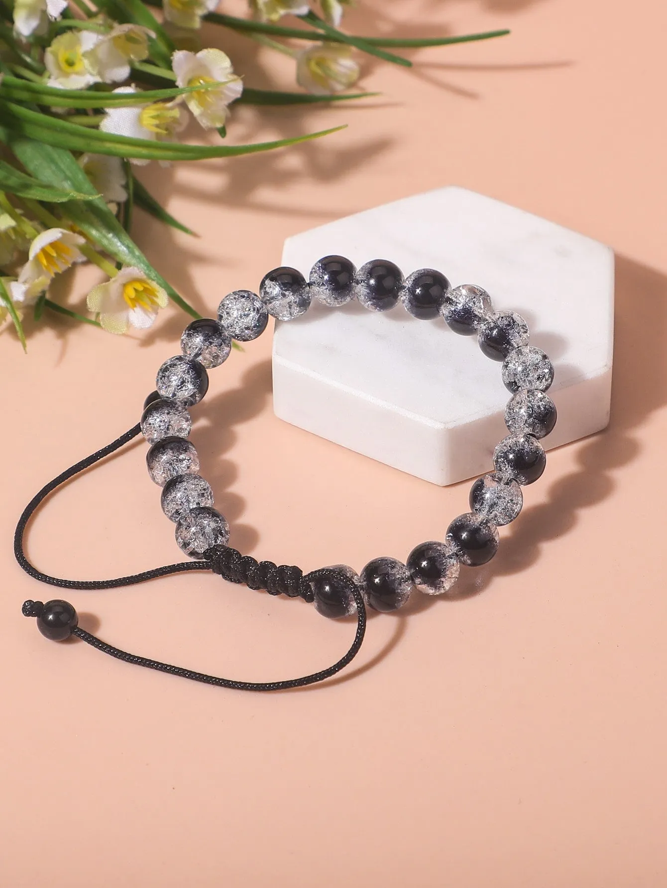 Clear Black Minimalist Beaded Braceletfor Women Men Adjustable Knot Crafted