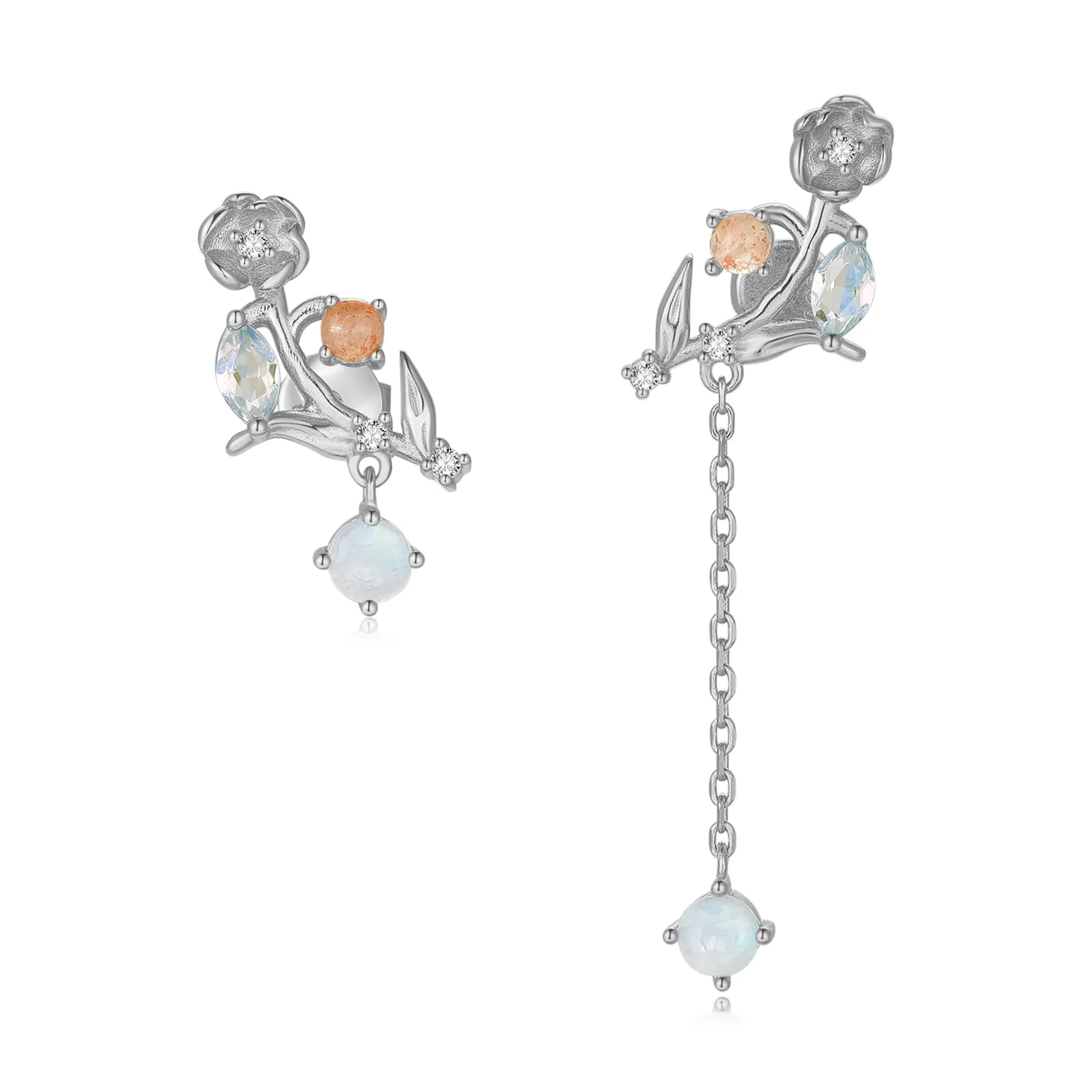 (Coming on 1/5) Moonstone, Sunstone, Blue Topaz Silver Asymmetrical Earrings - Lily of the Valley