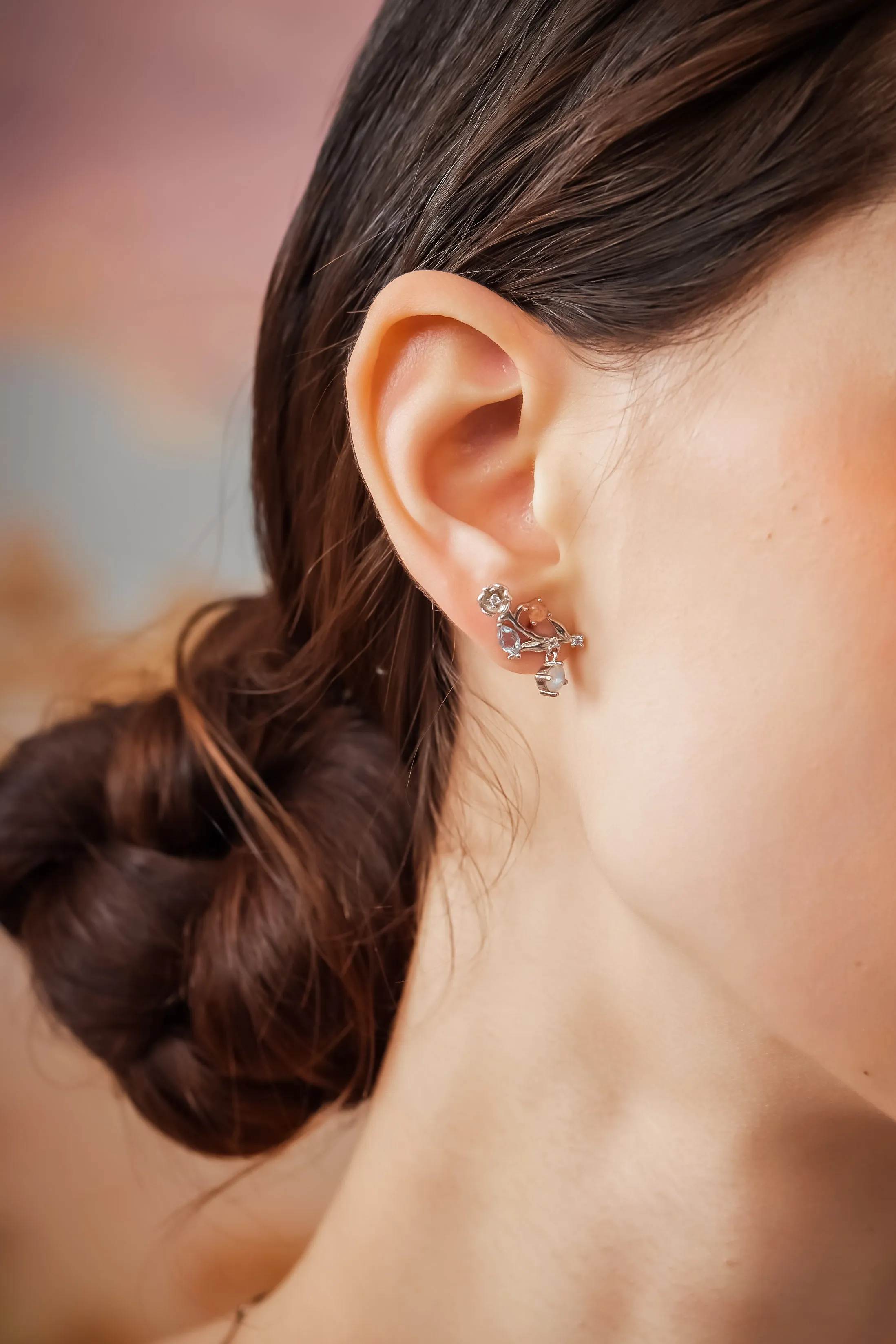 (Coming on 1/5) Moonstone, Sunstone, Blue Topaz Silver Asymmetrical Earrings - Lily of the Valley