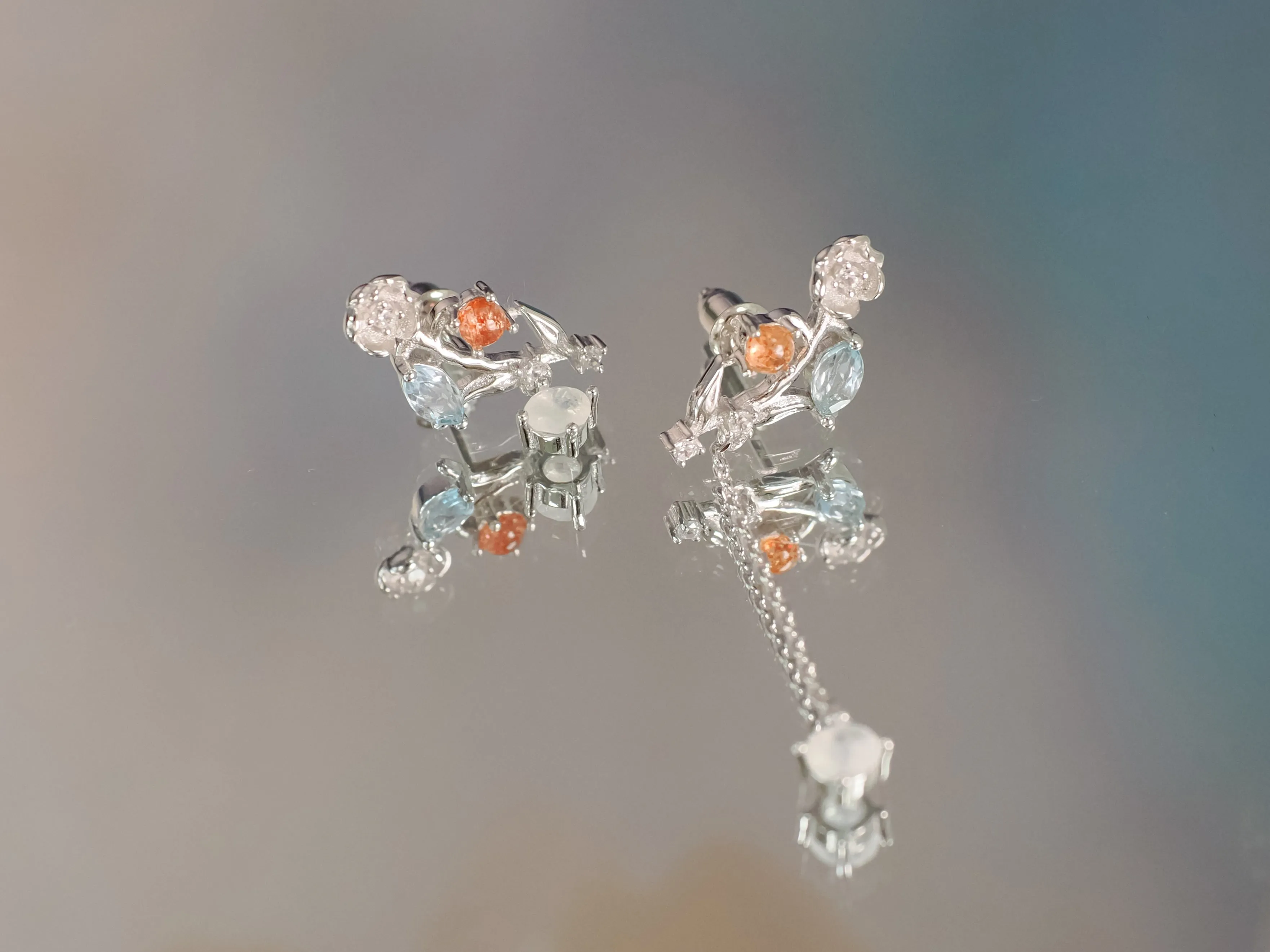 (Coming on 1/5) Moonstone, Sunstone, Blue Topaz Silver Asymmetrical Earrings - Lily of the Valley