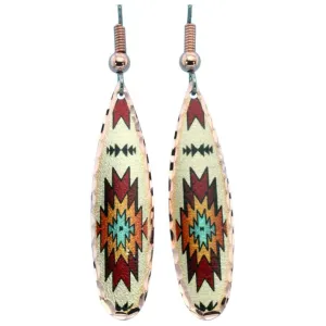 Copper Long Tear Drop Red/White Tribal Design Earrings