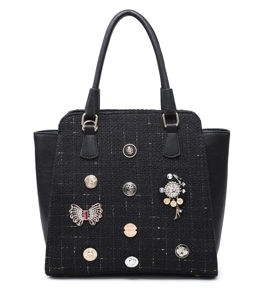 Couture Black Boucle Brooch Tote Bag