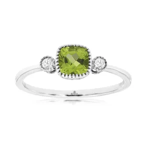 Cushion Cut Green Peridot and Round Diamond Three Stone Ring in White Gold