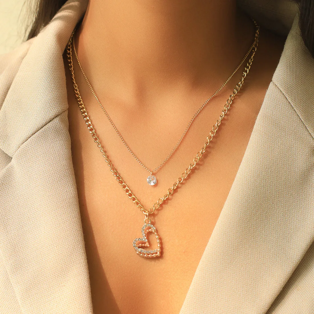 Double-Layered Necklace With Heart And Diamonti Pendants