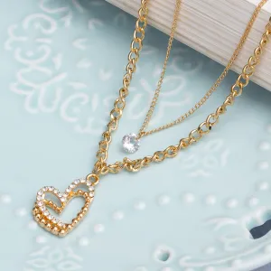 Double-Layered Necklace With Heart And Diamonti Pendants