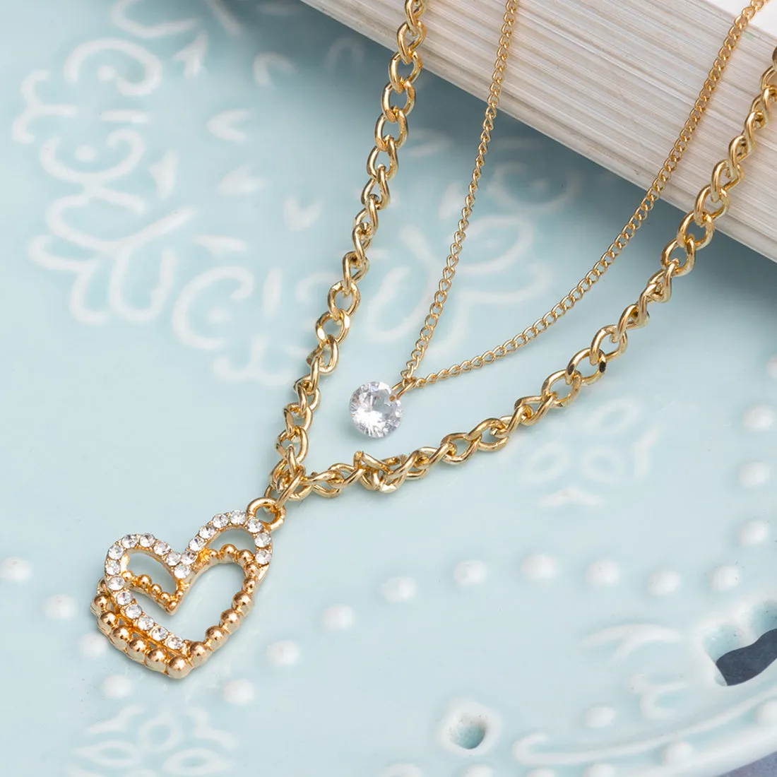 Double-Layered Necklace With Heart And Diamonti Pendants