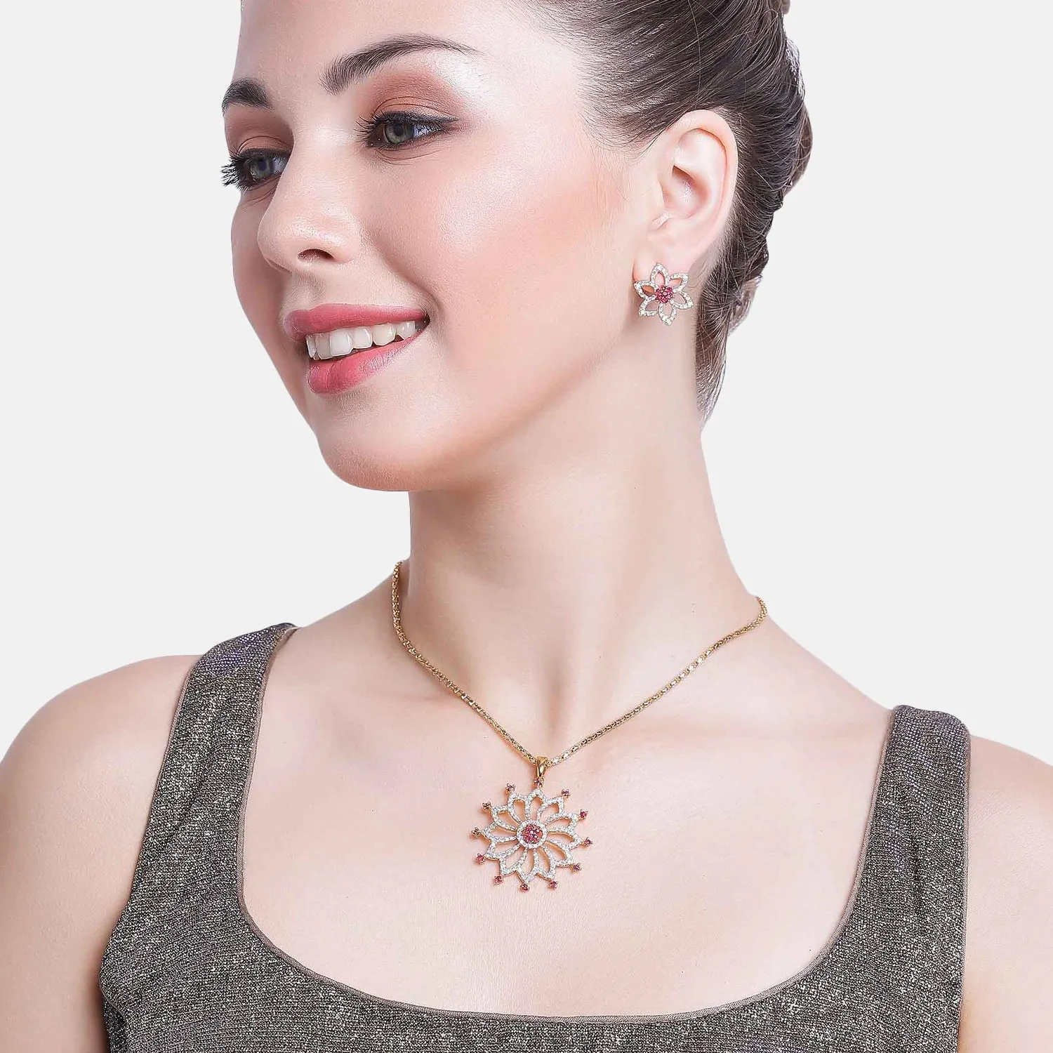 Estele Trendy and Fancy Pendant Set with Ruby Stones for Women