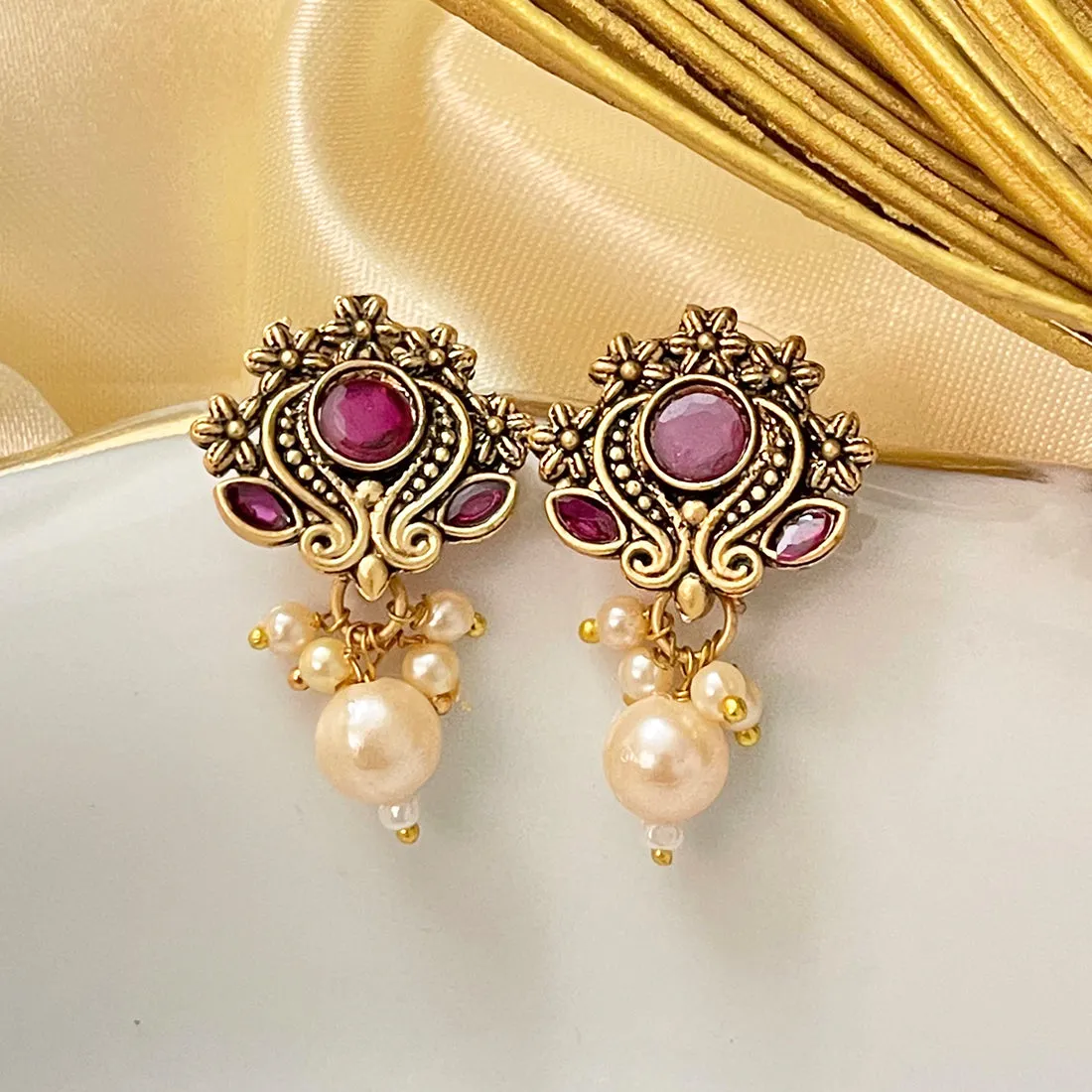 Ethnic Oxidized Maroon Rhinestones Gold-Toned Studs with Pearl Drop Earrings