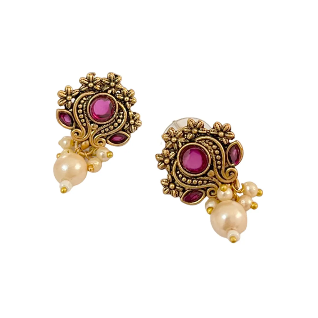 Ethnic Oxidized Maroon Rhinestones Gold-Toned Studs with Pearl Drop Earrings