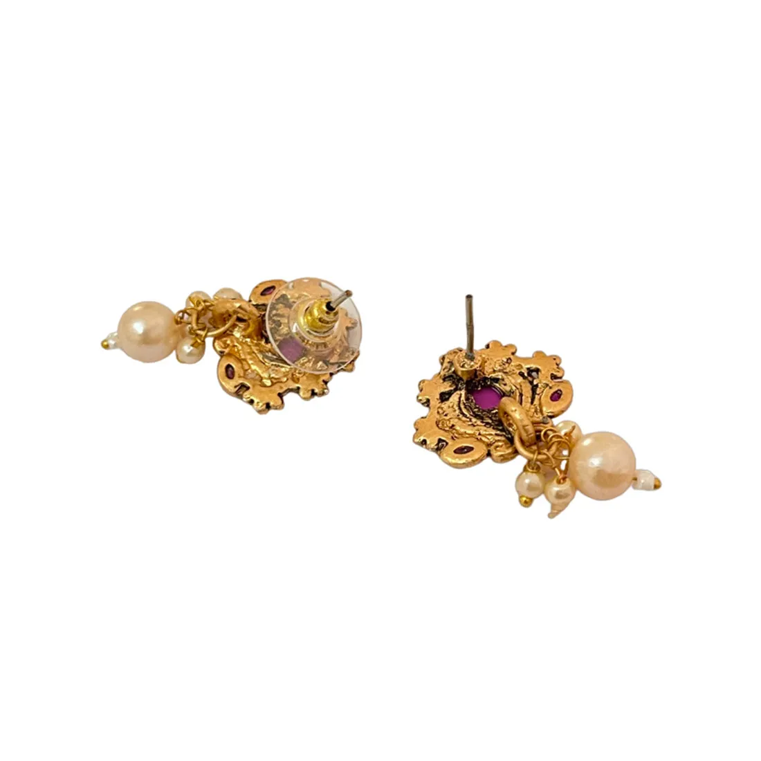 Ethnic Oxidized Maroon Rhinestones Gold-Toned Studs with Pearl Drop Earrings