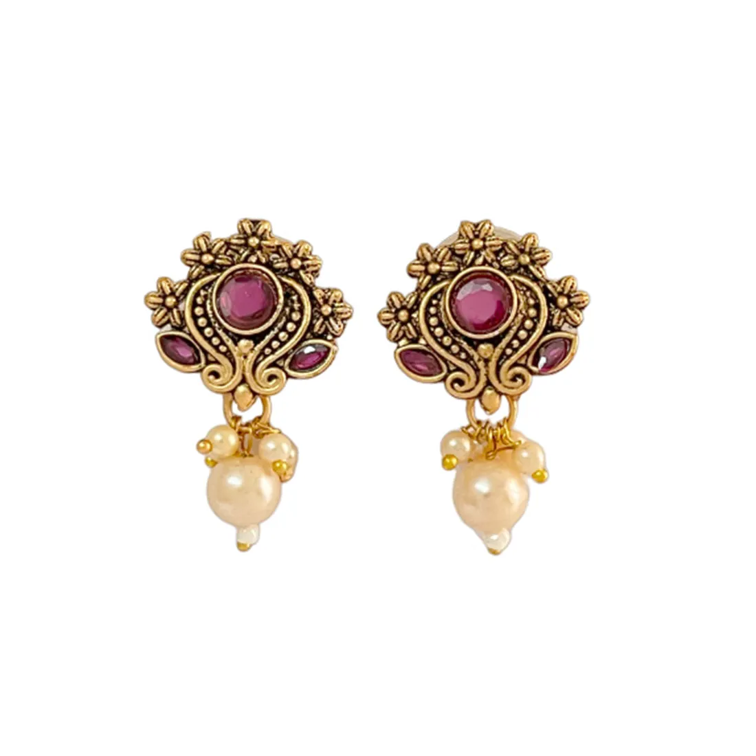 Ethnic Oxidized Maroon Rhinestones Gold-Toned Studs with Pearl Drop Earrings