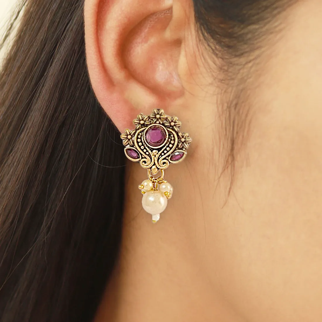 Ethnic Oxidized Maroon Rhinestones Gold-Toned Studs with Pearl Drop Earrings