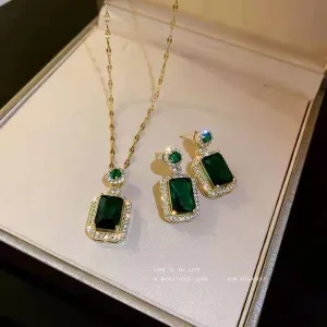 Exquisite Emerald Green Geometric Jewelry Set Stainless Steel