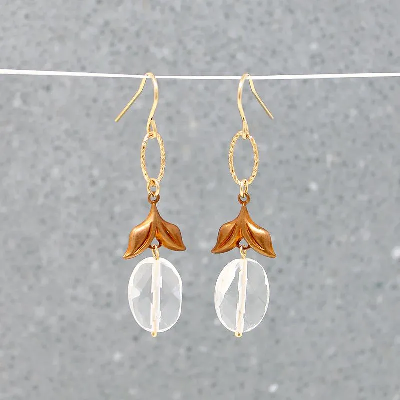 Faceted Crystal & Brass Leaves Drop Earrings by Brin