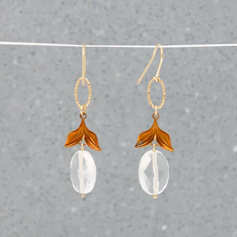 Faceted Crystal & Brass Leaves Drop Earrings by Brin