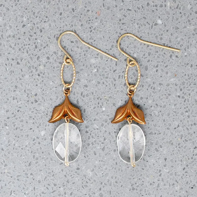 Faceted Crystal & Brass Leaves Drop Earrings by Brin