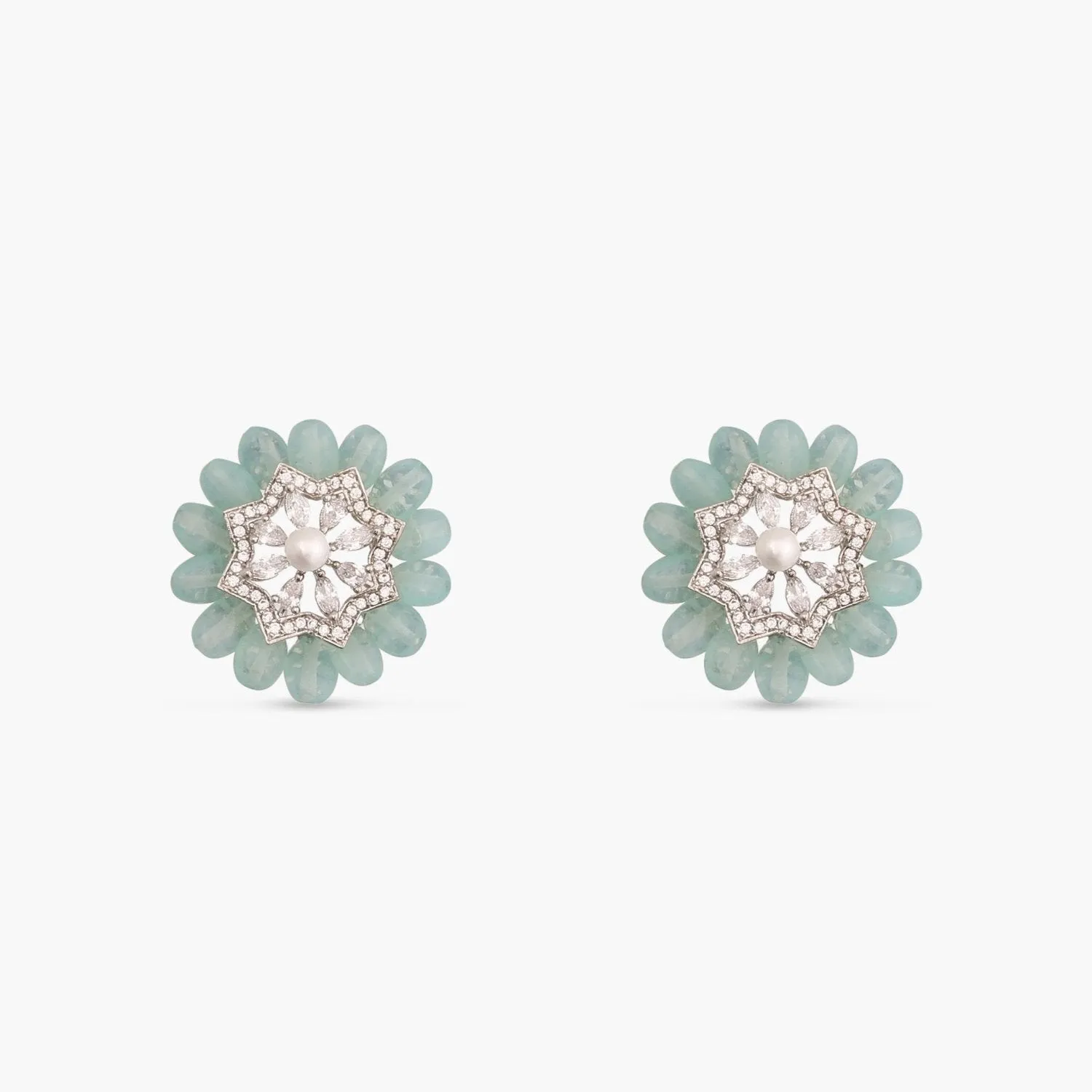 Floral Charm CZ Mint Beads & Pearl Stud Earrings