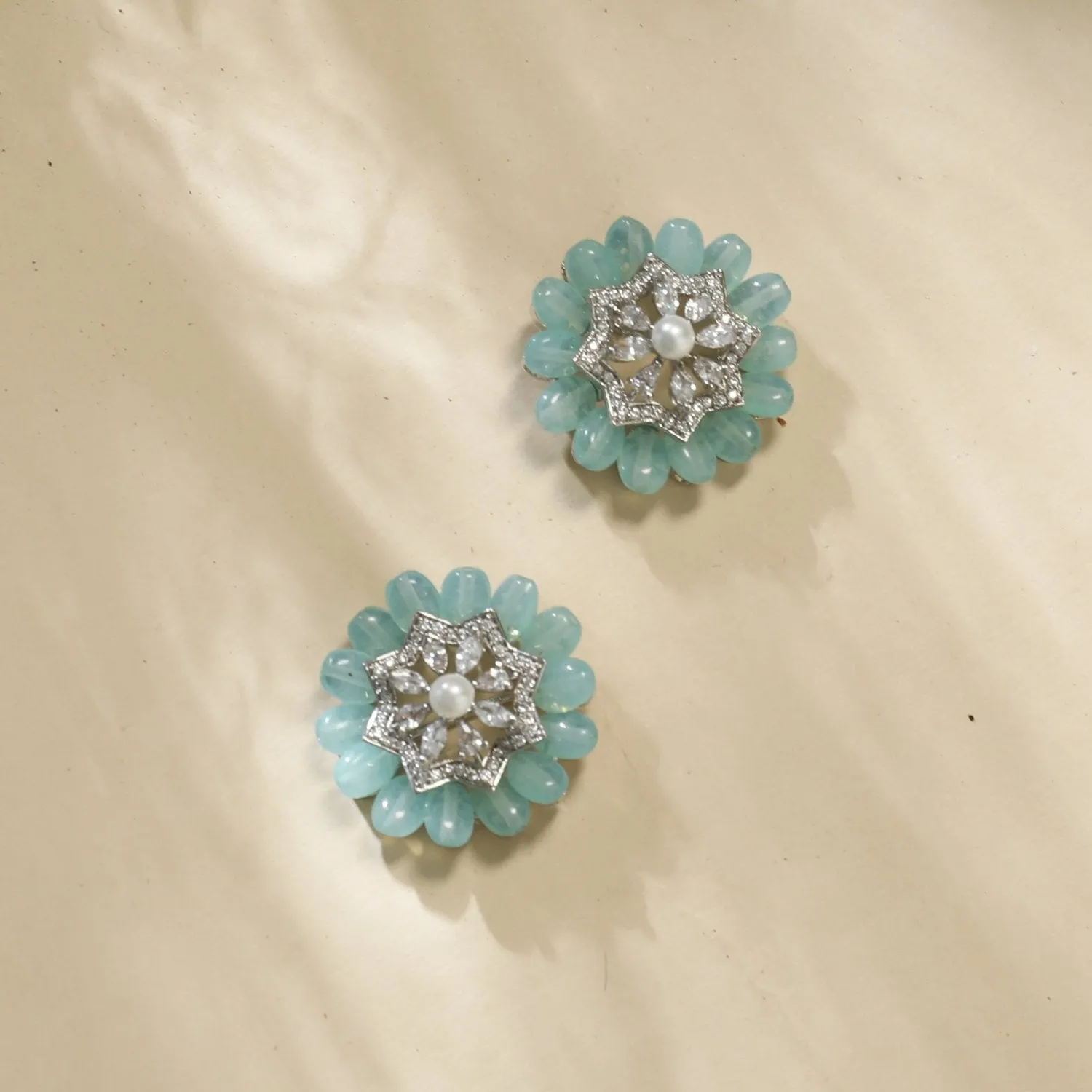 Floral Charm CZ Mint Beads & Pearl Stud Earrings