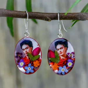 Frida Kahlo in Scarf Mexican Flowers Medium Hook Earrings